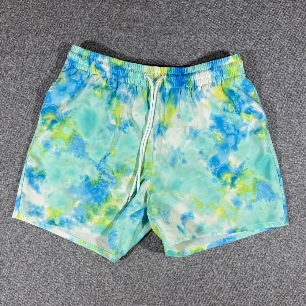 Cabana by Crown & Ivy Swim Trunks Men L Blue Yellow Tie Dye Tropical Beach Short
